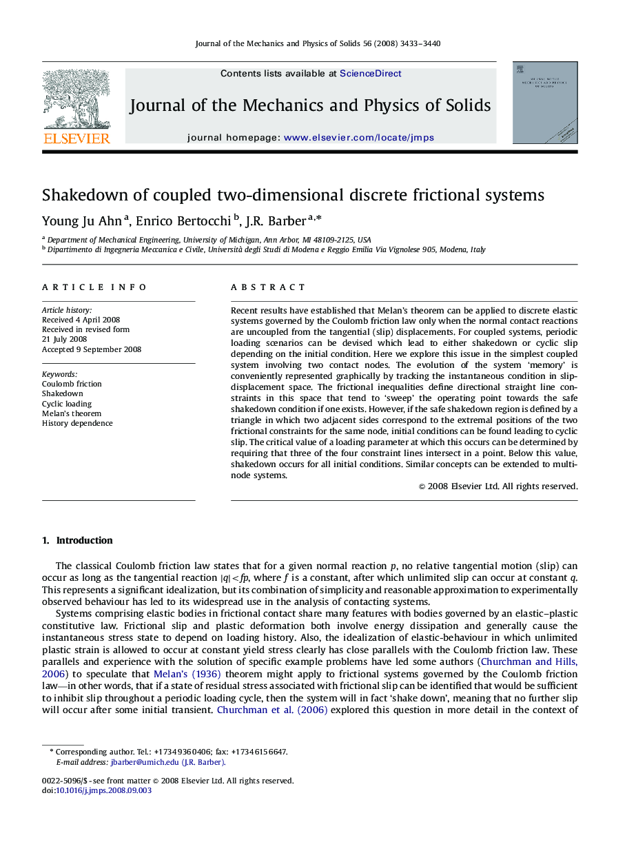 Shakedown of coupled two-dimensional discrete frictional systems