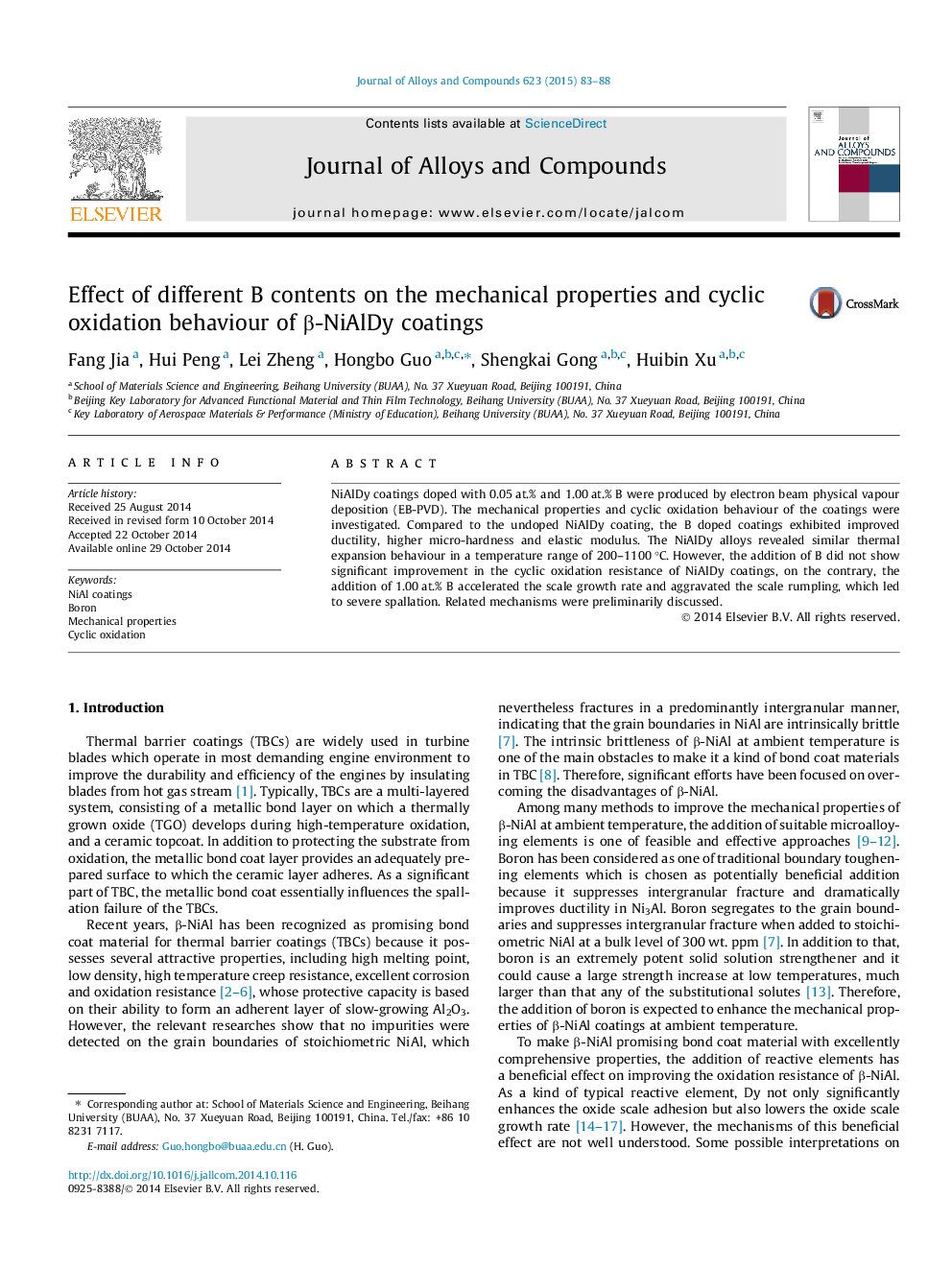 Effect of different B contents on the mechanical properties and cyclic oxidation behaviour of Î²-NiAlDy coatings