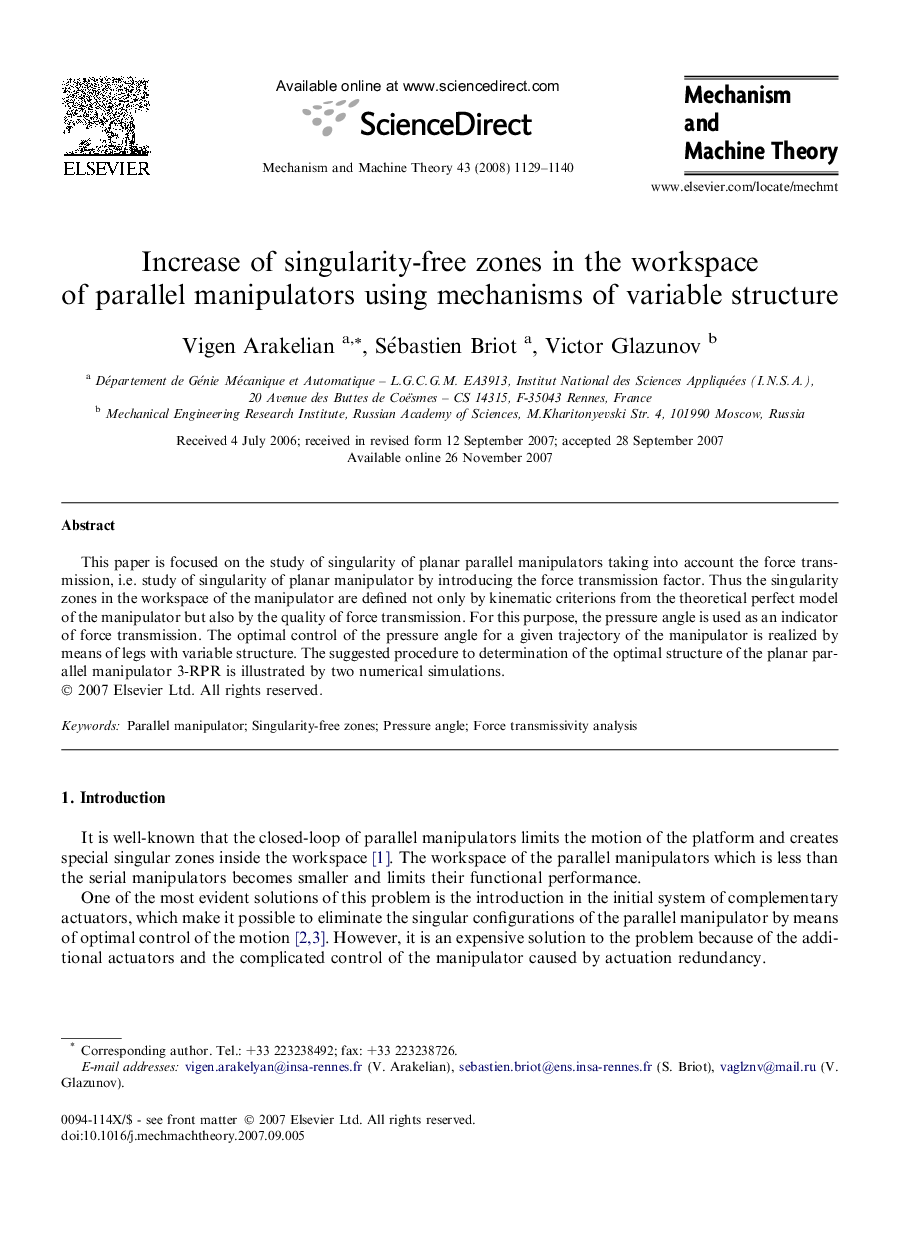 Increase of singularity-free zones in the workspace of parallel manipulators using mechanisms of variable structure