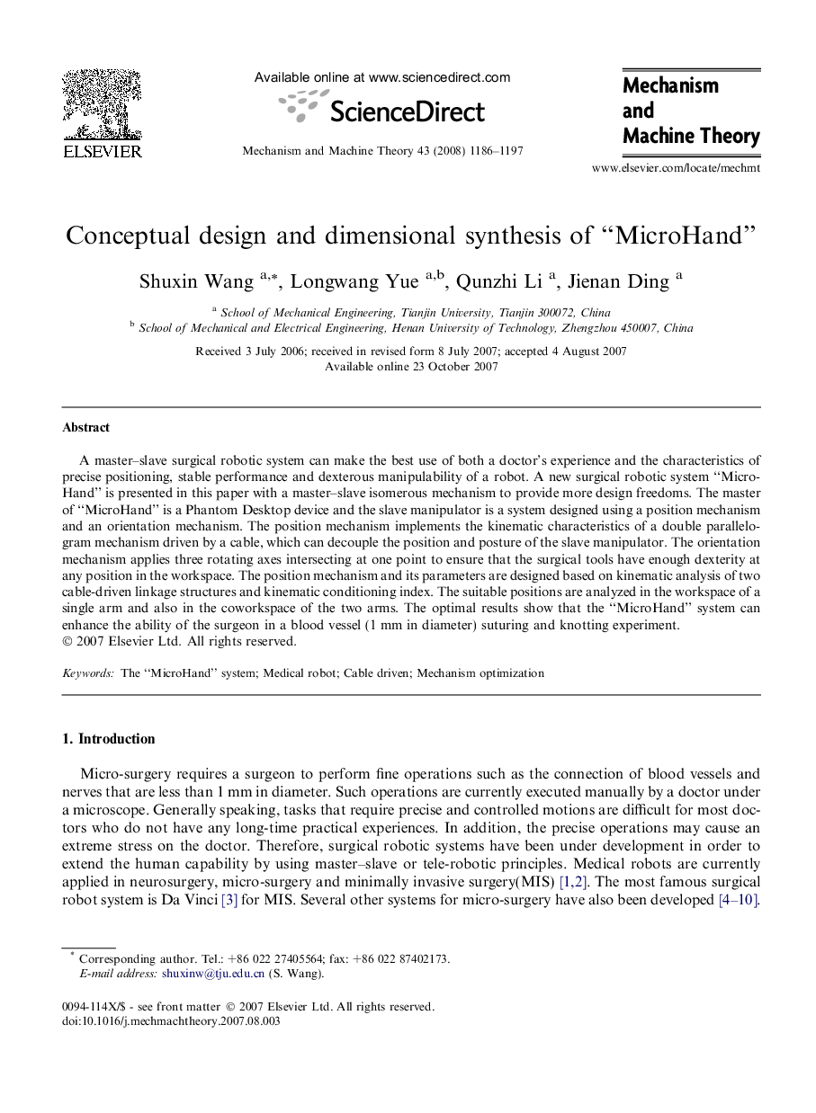 Conceptual design and dimensional synthesis of “MicroHand”