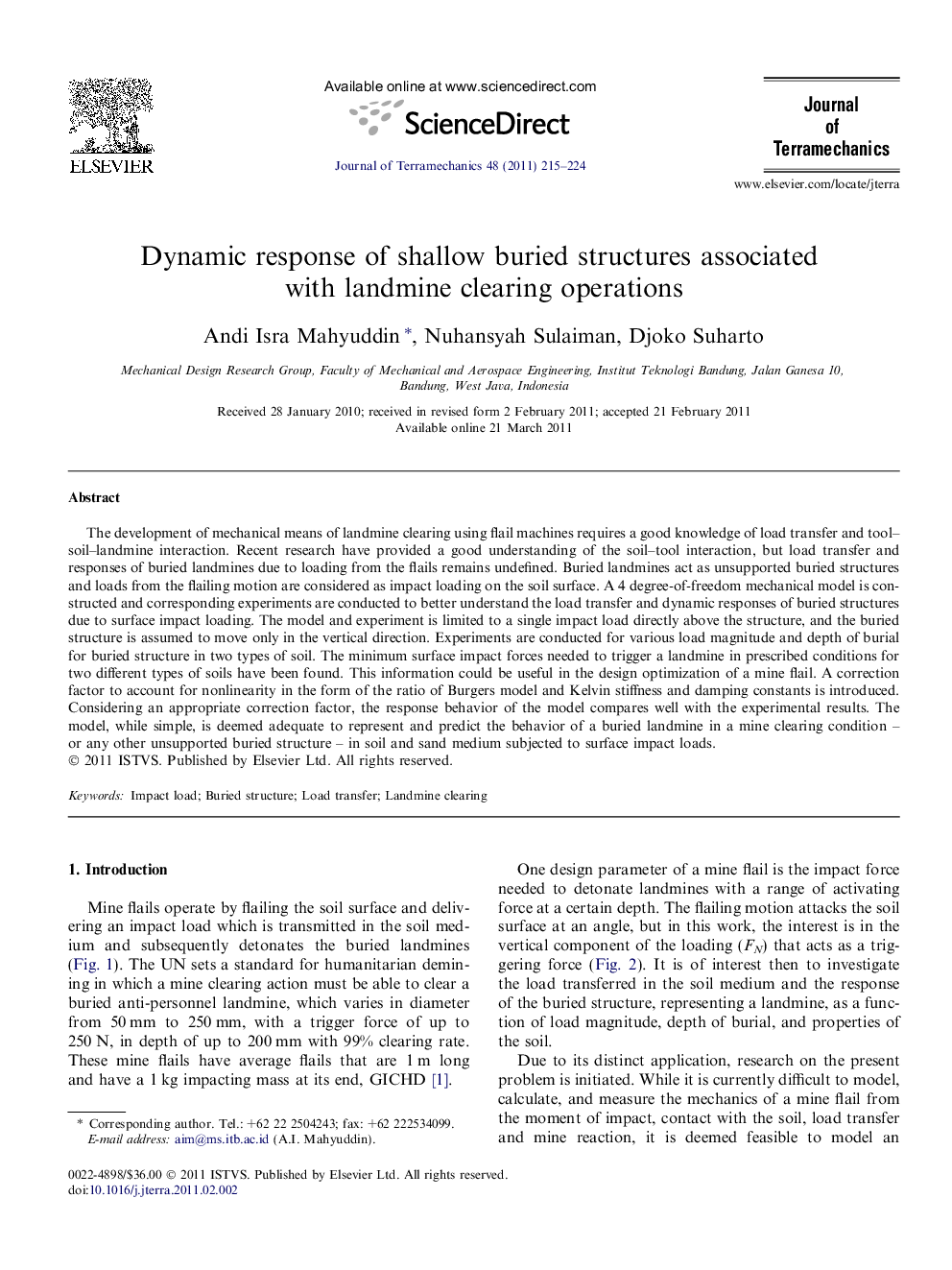 Dynamic response of shallow buried structures associated with landmine clearing operations