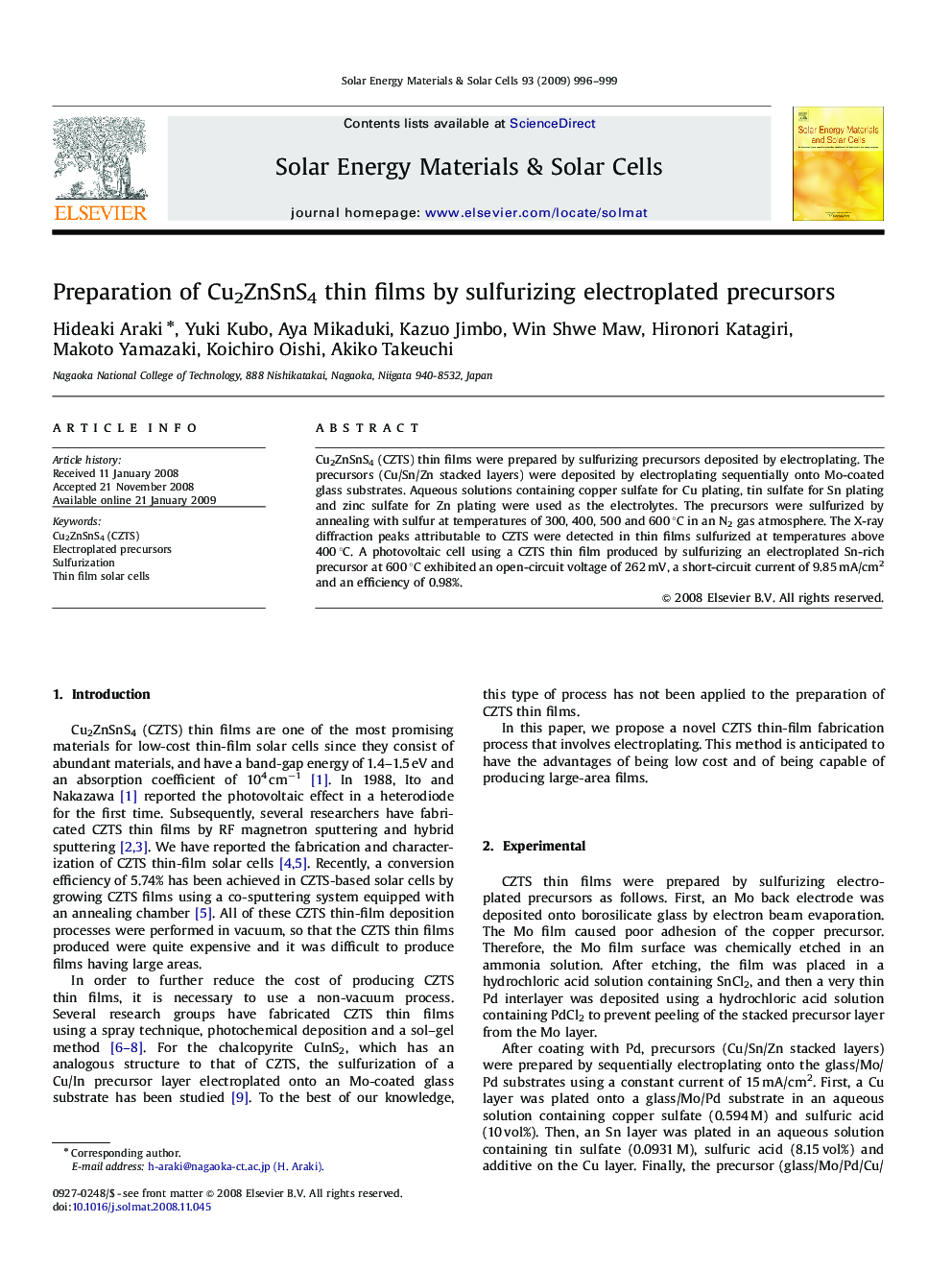 Preparation of Cu2ZnSnS4 thin films by sulfurizing electroplated precursors