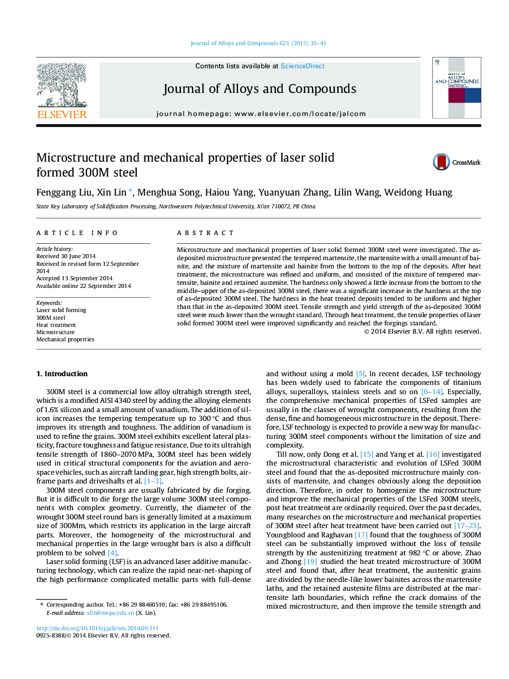 Microstructure and mechanical properties of laser solid formed 300M steel