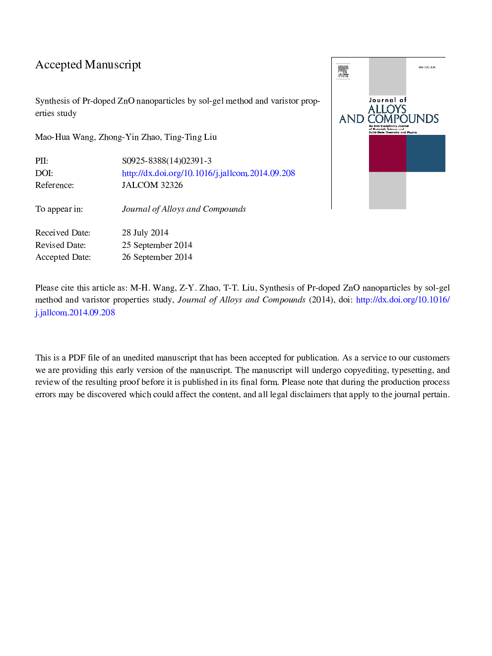 Synthesis of Pr-doped ZnO nanoparticles by sol-gel method and varistor properties study