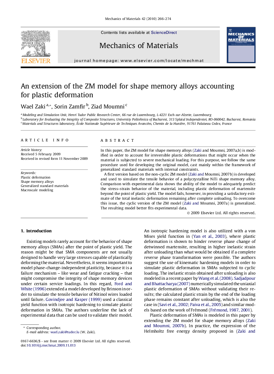 An extension of the ZM model for shape memory alloys accounting for plastic deformation