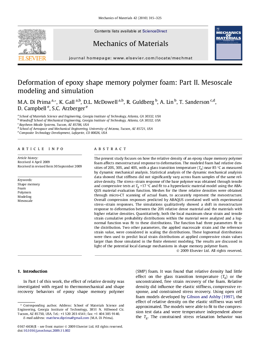 Deformation of epoxy shape memory polymer foam: Part II. Mesoscale modeling and simulation