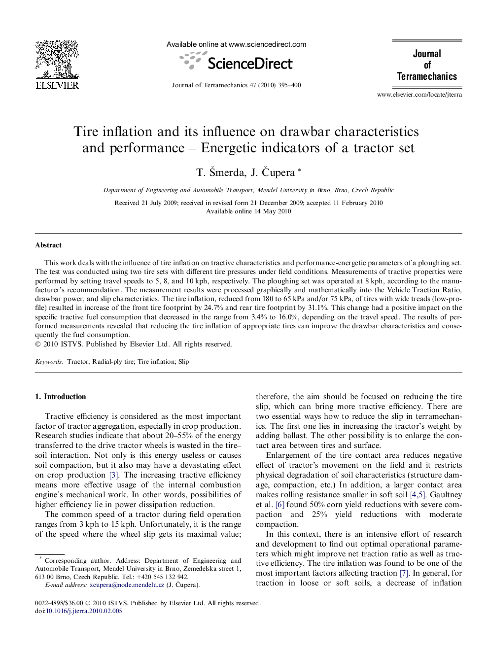 Tire inflation and its influence on drawbar characteristics and performance – Energetic indicators of a tractor set