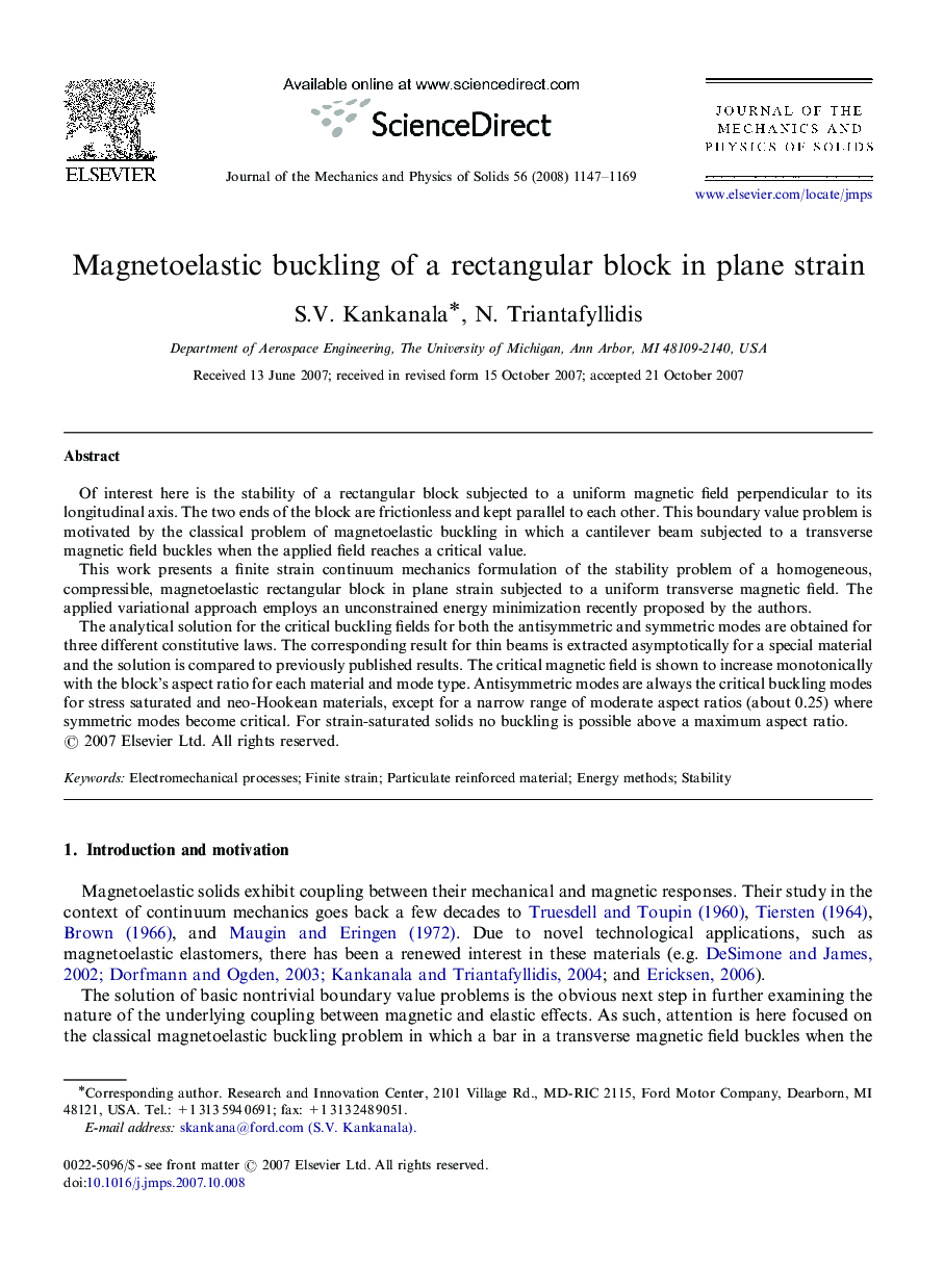 Magnetoelastic buckling of a rectangular block in plane strain