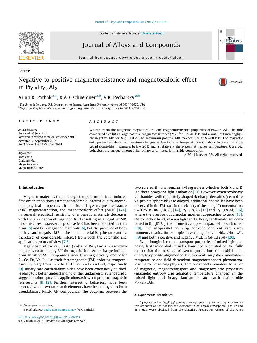 عکس صفحه اول مقاله: Negative to positive magnetoresistance and magnetocaloric effect in Pr0.6Er0.4Al2 Negative to positive magnetoresistance and magnetocaloric effect in Pr0.6Er0.4Al2