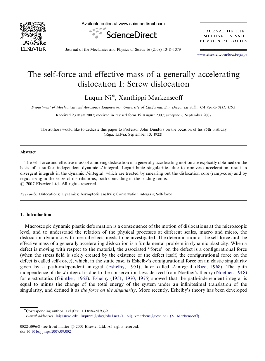 The self-force and effective mass of a generally accelerating dislocation I: Screw dislocation