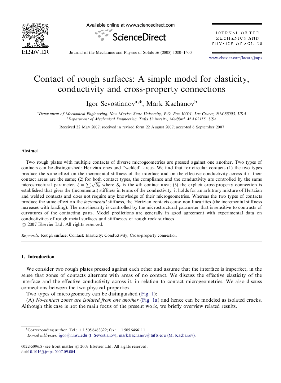 Contact of rough surfaces: A simple model for elasticity, conductivity and cross-property connections