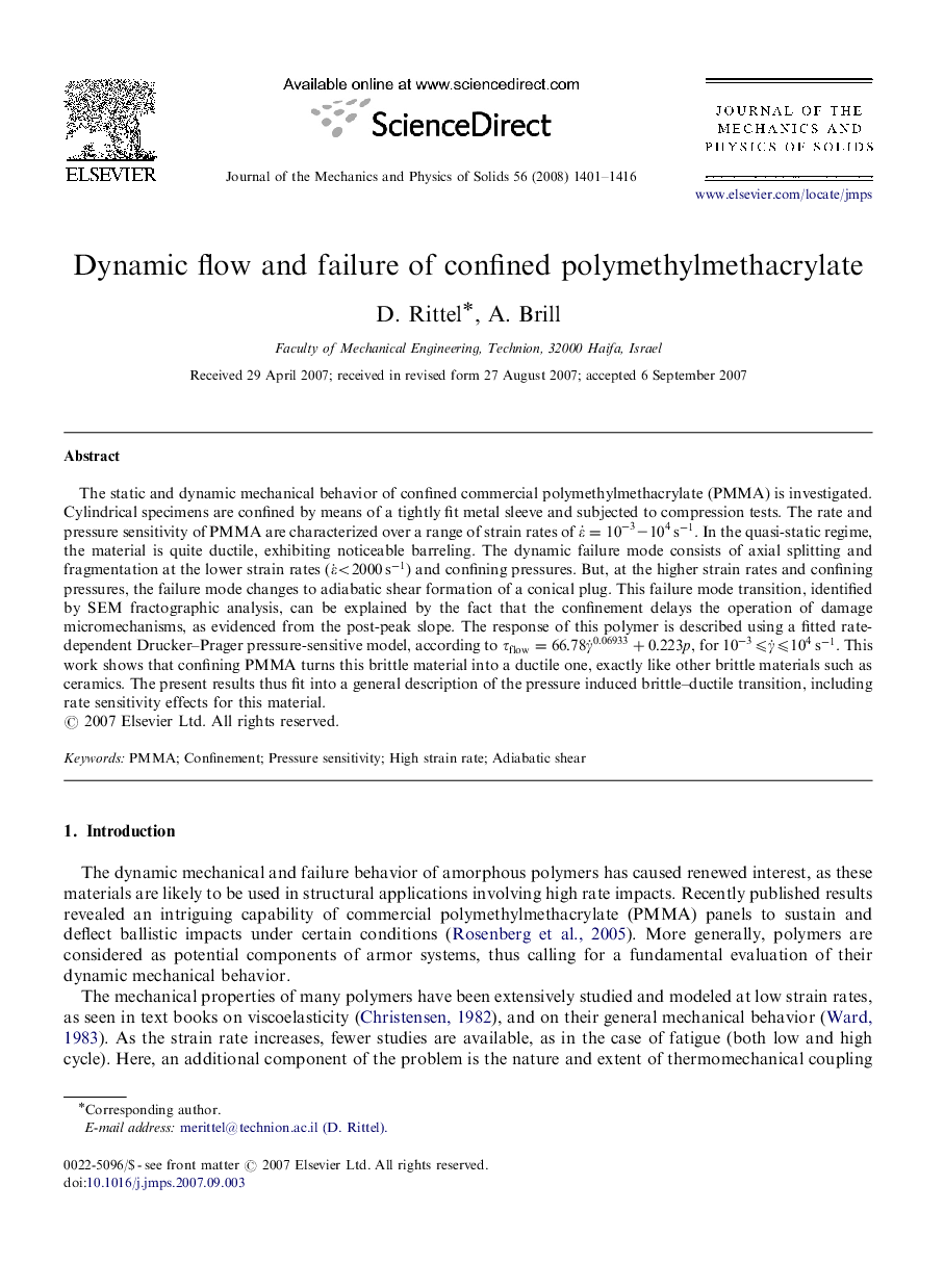 Dynamic flow and failure of confined polymethylmethacrylate