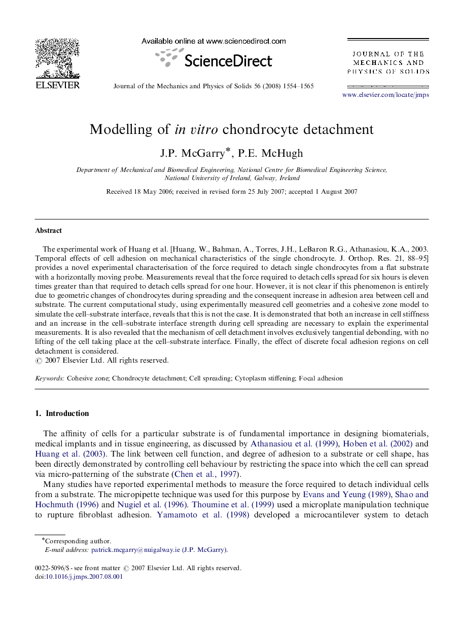 Modelling of in vitro chondrocyte detachment