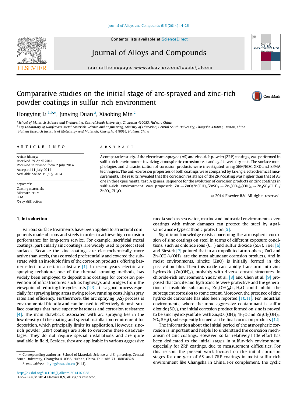 Comparative studies on the initial stage of arc-sprayed and zinc-rich powder coatings in sulfur-rich environment