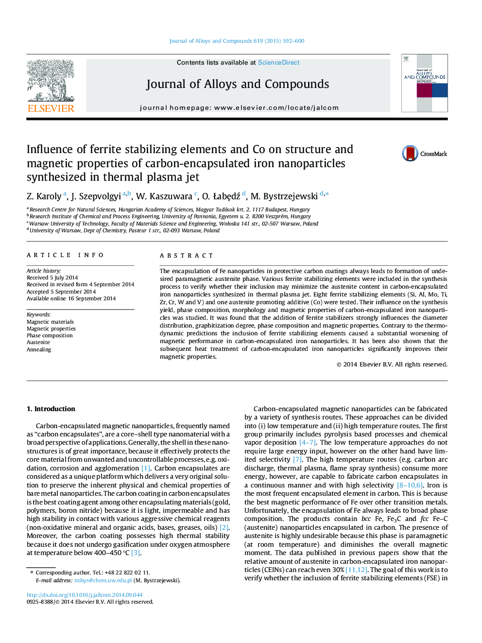 Influence of ferrite stabilizing elements and Co on structure and magnetic properties of carbon-encapsulated iron nanoparticles synthesized in thermal plasma jet