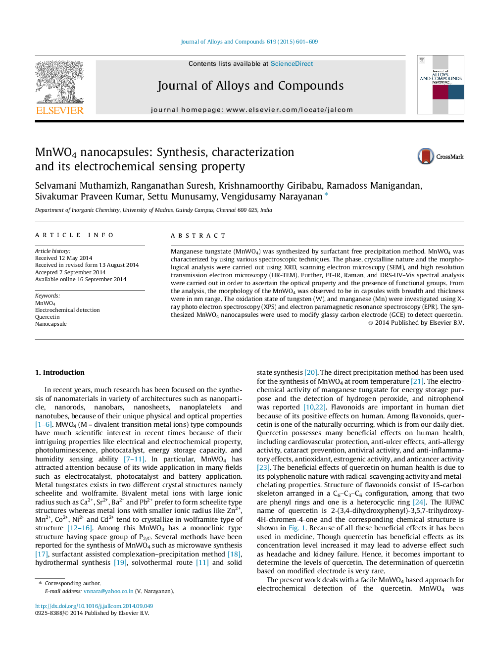 MnWO4 nanocapsules: Synthesis, characterization and its electrochemical sensing property