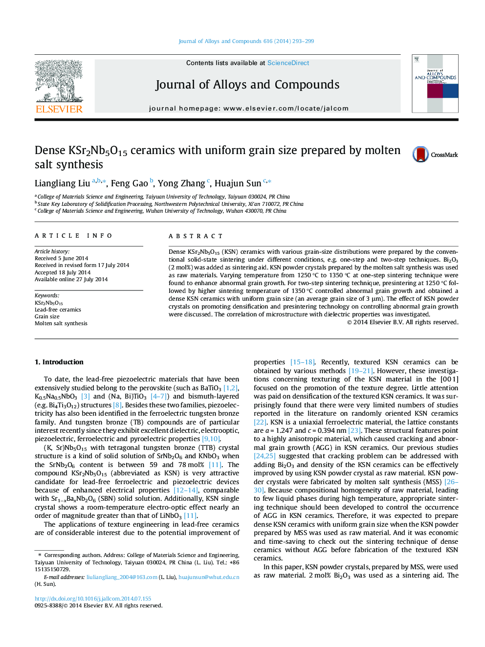 Dense KSr2Nb5O15 ceramics with uniform grain size prepared by molten salt synthesis