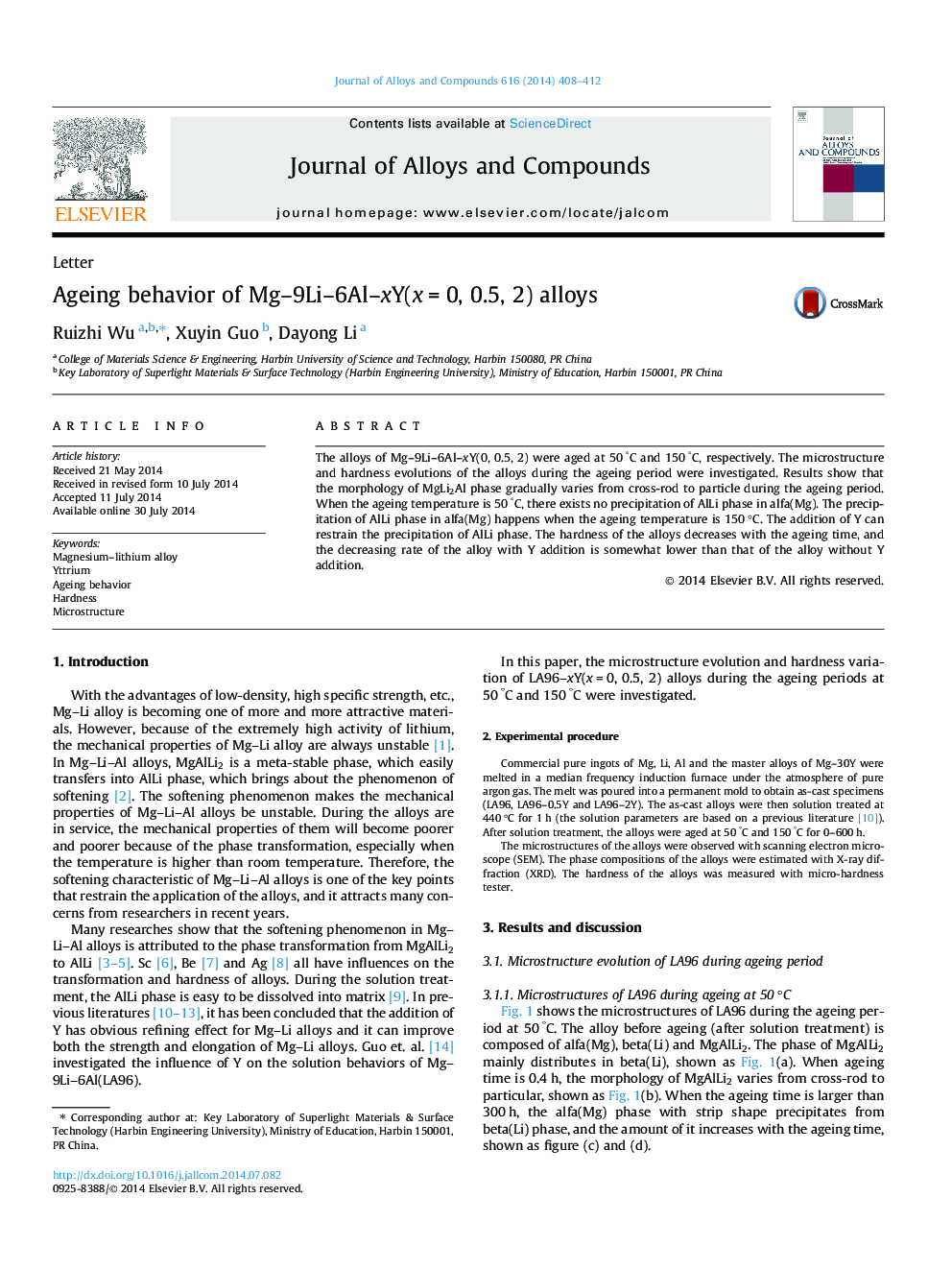 Ageing behavior of Mg-9Li-6Al-xY(xÂ =Â 0, 0.5, 2) alloys