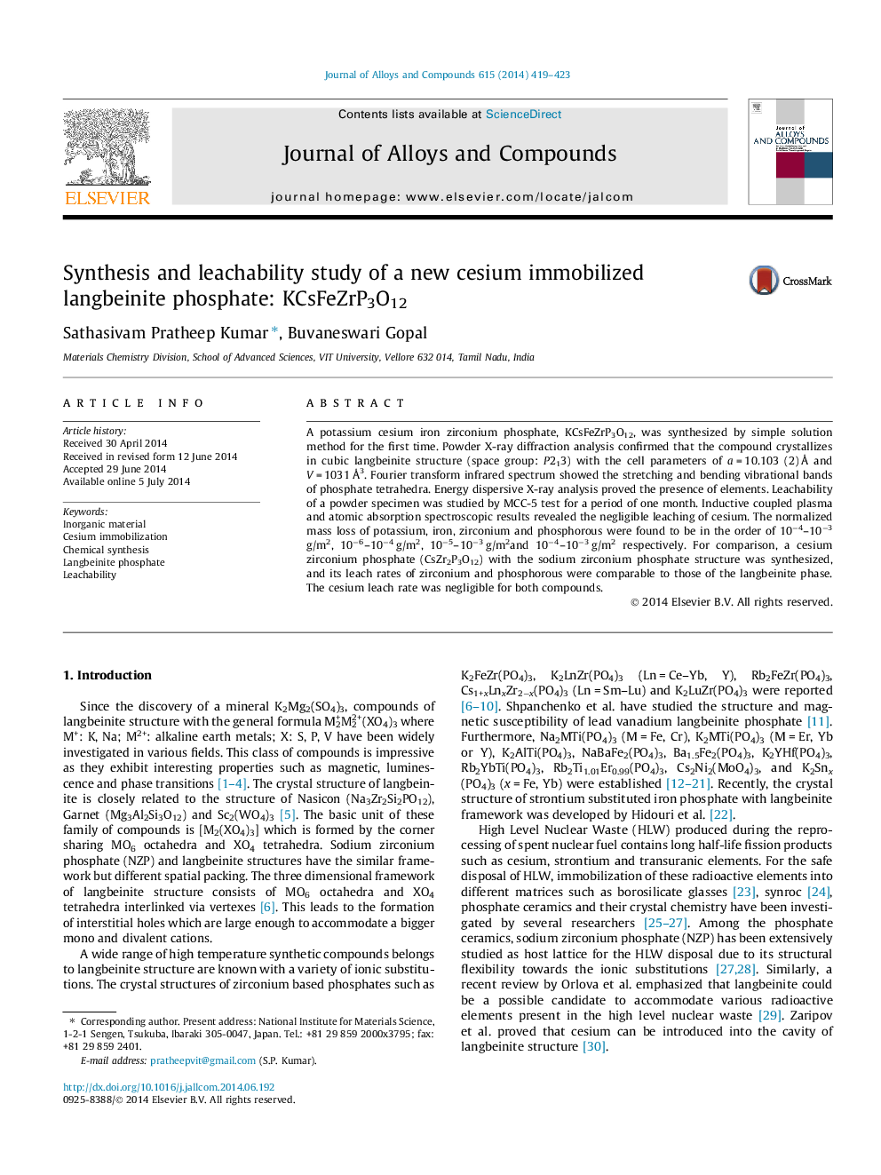 Synthesis and leachability study of a new cesium immobilized langbeinite phosphate: KCsFeZrP3O12