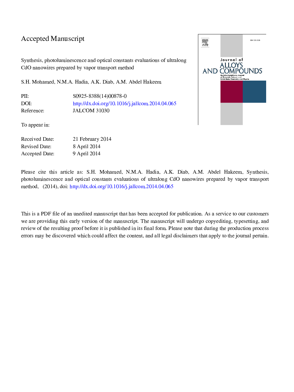 Synthesis, photoluminescence and optical constants evaluations of ultralong CdO nanowires prepared by vapor transport method