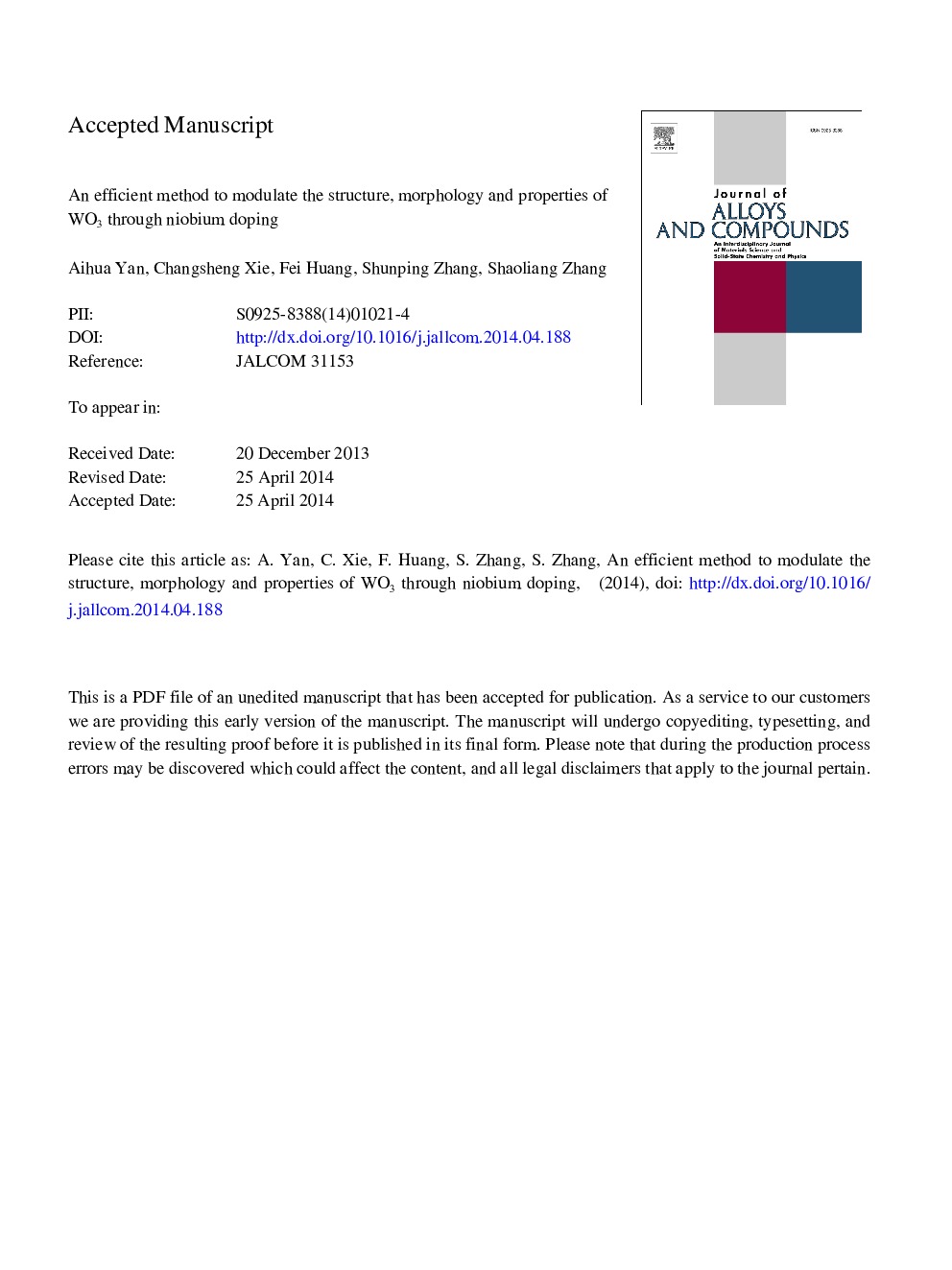 An efficient method to modulate the structure, morphology and properties of WO3 through niobium doping