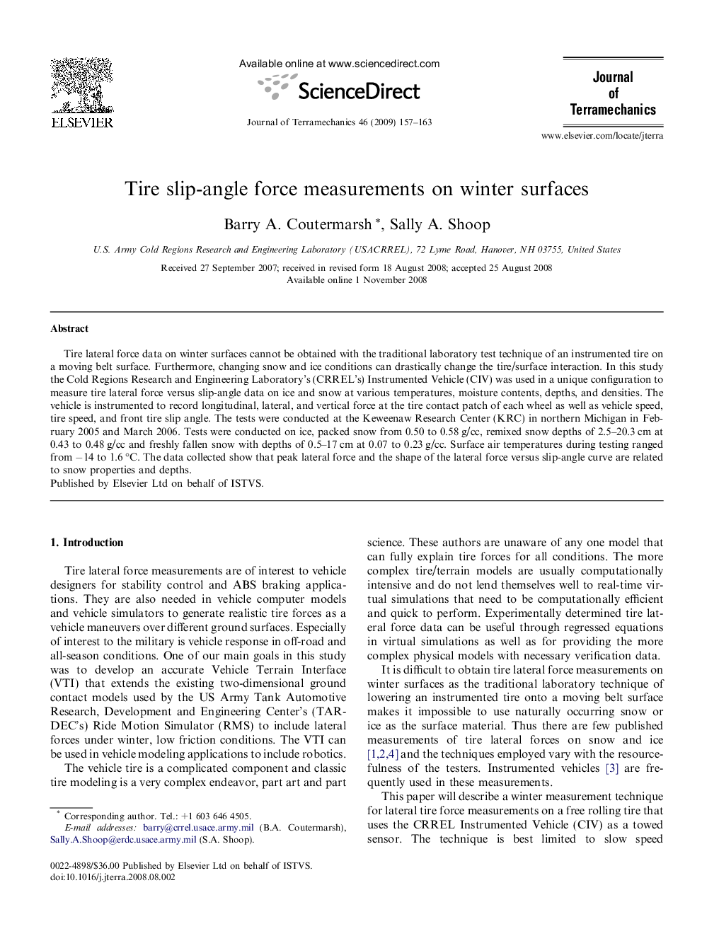 Tire slip-angle force measurements on winter surfaces