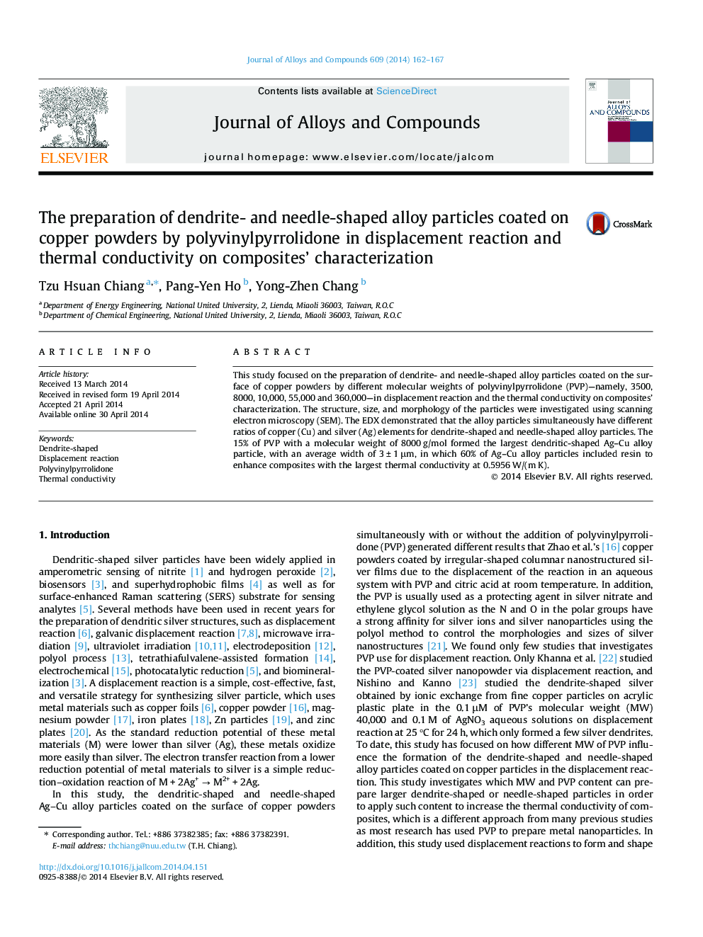 The preparation of dendrite- and needle-shaped alloy particles coated on copper powders by polyvinylpyrrolidone in displacement reaction and thermal conductivity on composites' characterization