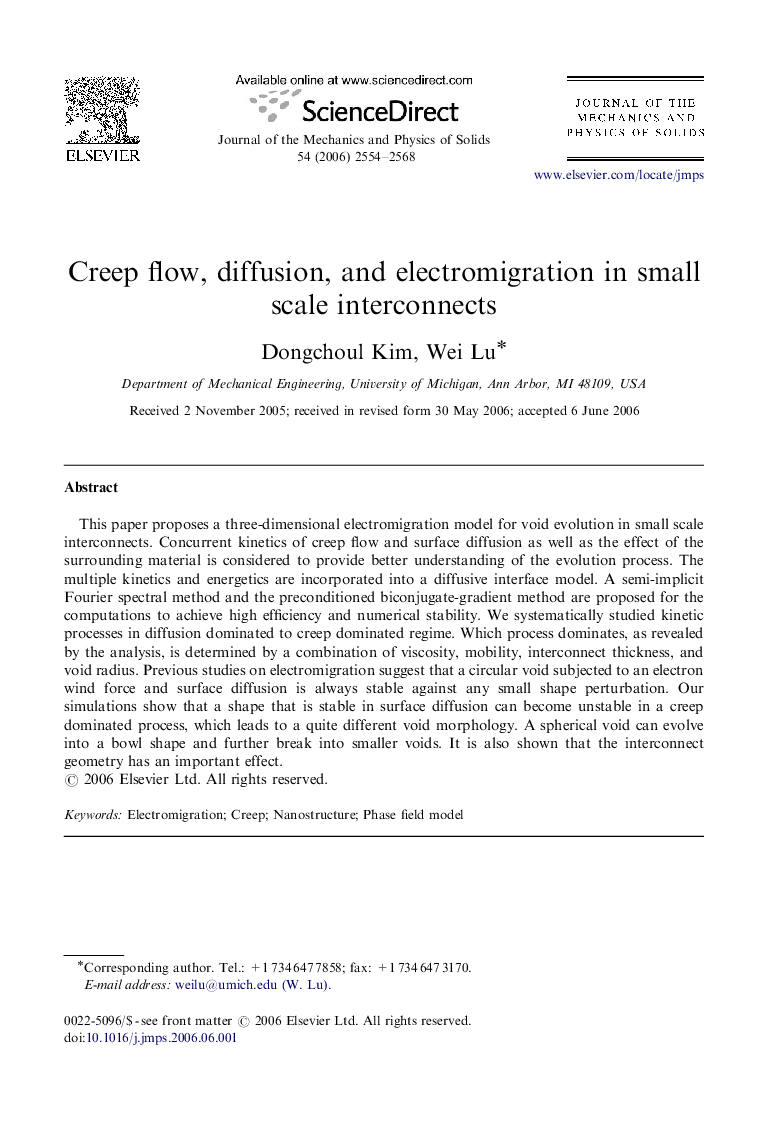 Creep flow, diffusion, and electromigration in small scale interconnects