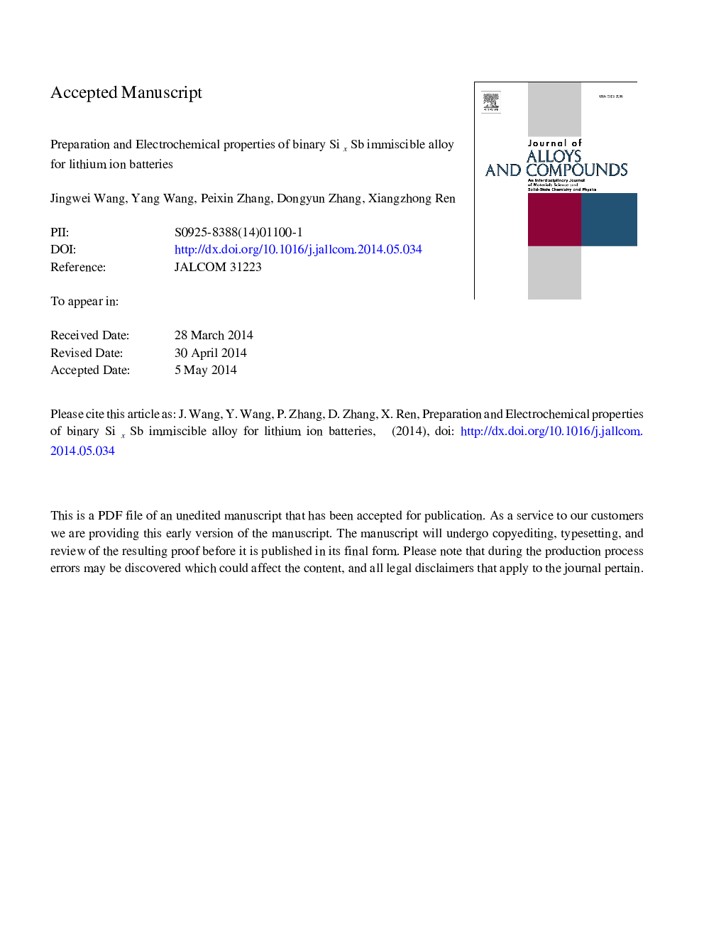 Preparation and electrochemical properties of binary SixSb immiscible alloy for lithium ion batteries