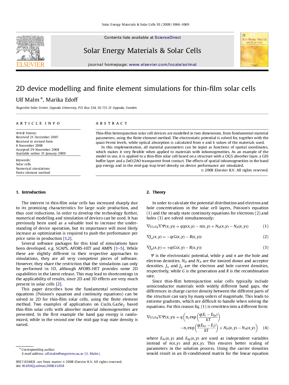 2D device modelling and finite element simulations for thin-film solar cells