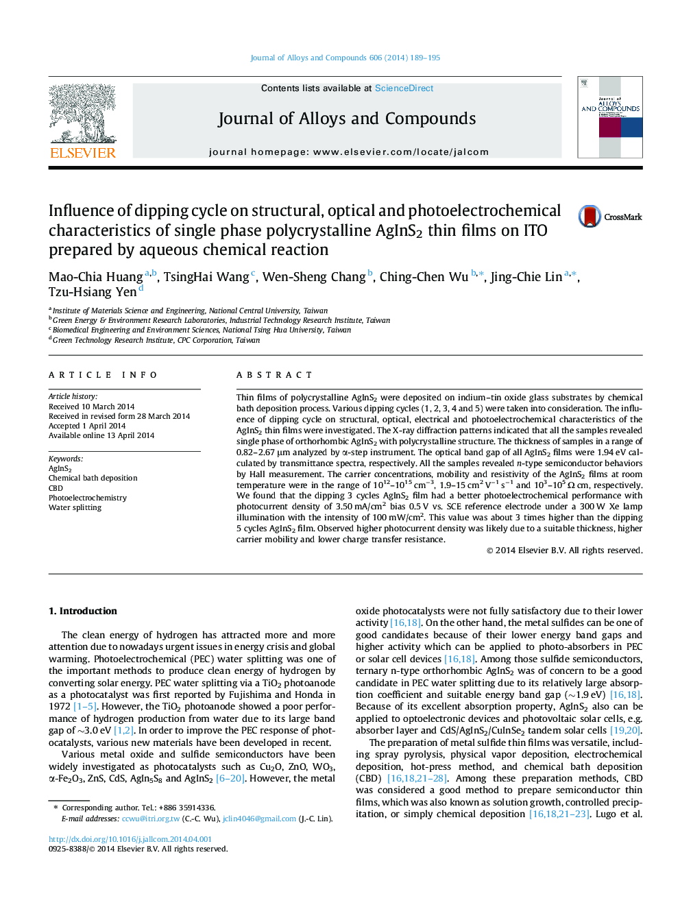 Influence of dipping cycle on structural, optical and photoelectrochemical characteristics of single phase polycrystalline AgInS2 thin films on ITO prepared by aqueous chemical reaction