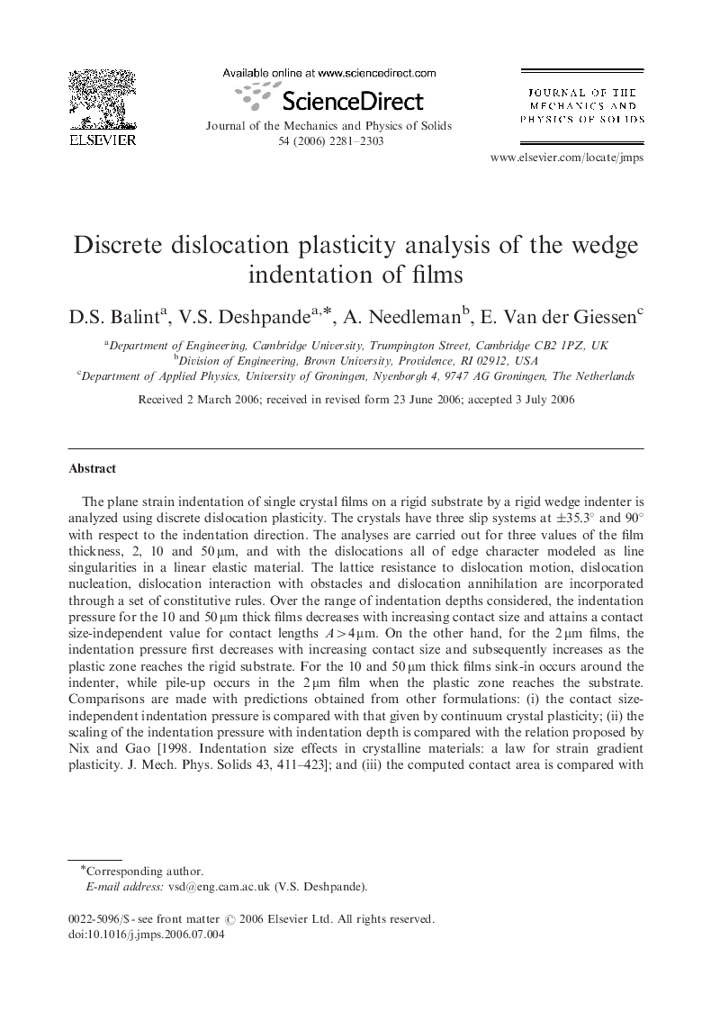 Discrete dislocation plasticity analysis of the wedge indentation of films