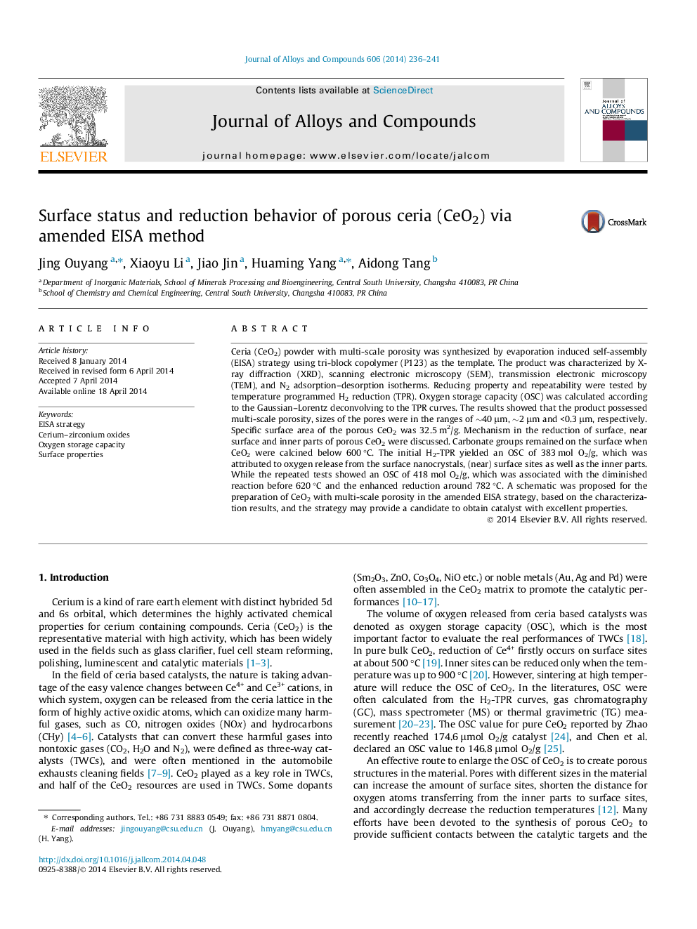 Surface status and reduction behavior of porous ceria (CeO2) via amended EISA method