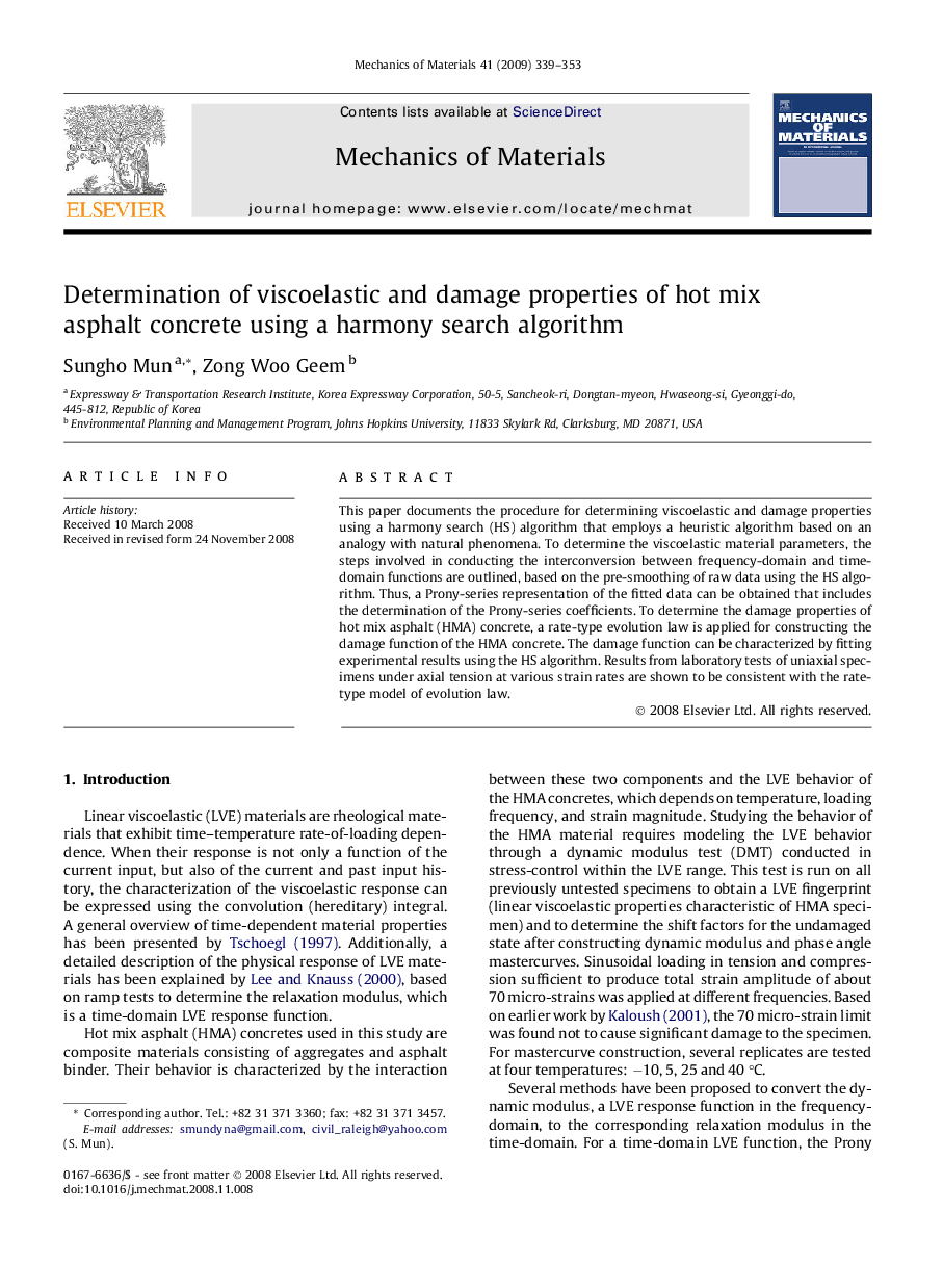 Determination of viscoelastic and damage properties of hot mix asphalt concrete using a harmony search algorithm