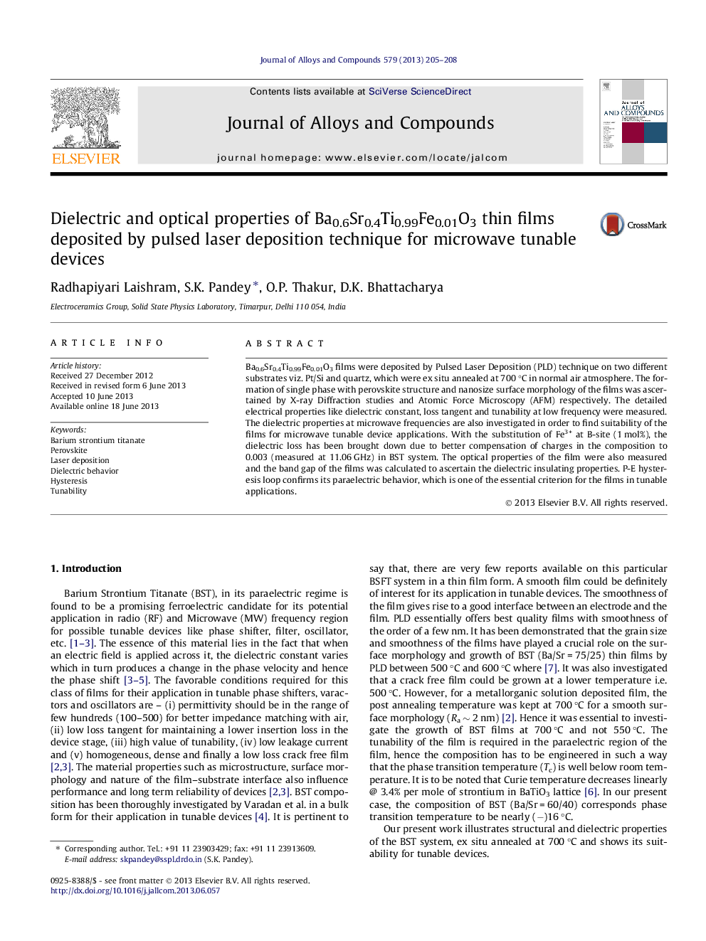 عکس صفحه اول مقاله: Dielectric and optical properties of Ba0.6Sr0.4Ti0.99Fe0.01O3 thin films deposited by pulsed laser deposition technique for microwave tunable devices Dielectric and optical properties of Ba0.6Sr0.4Ti0.99Fe0.01O3 thin films deposited by pulsed laser deposition technique for microwave tunable devices