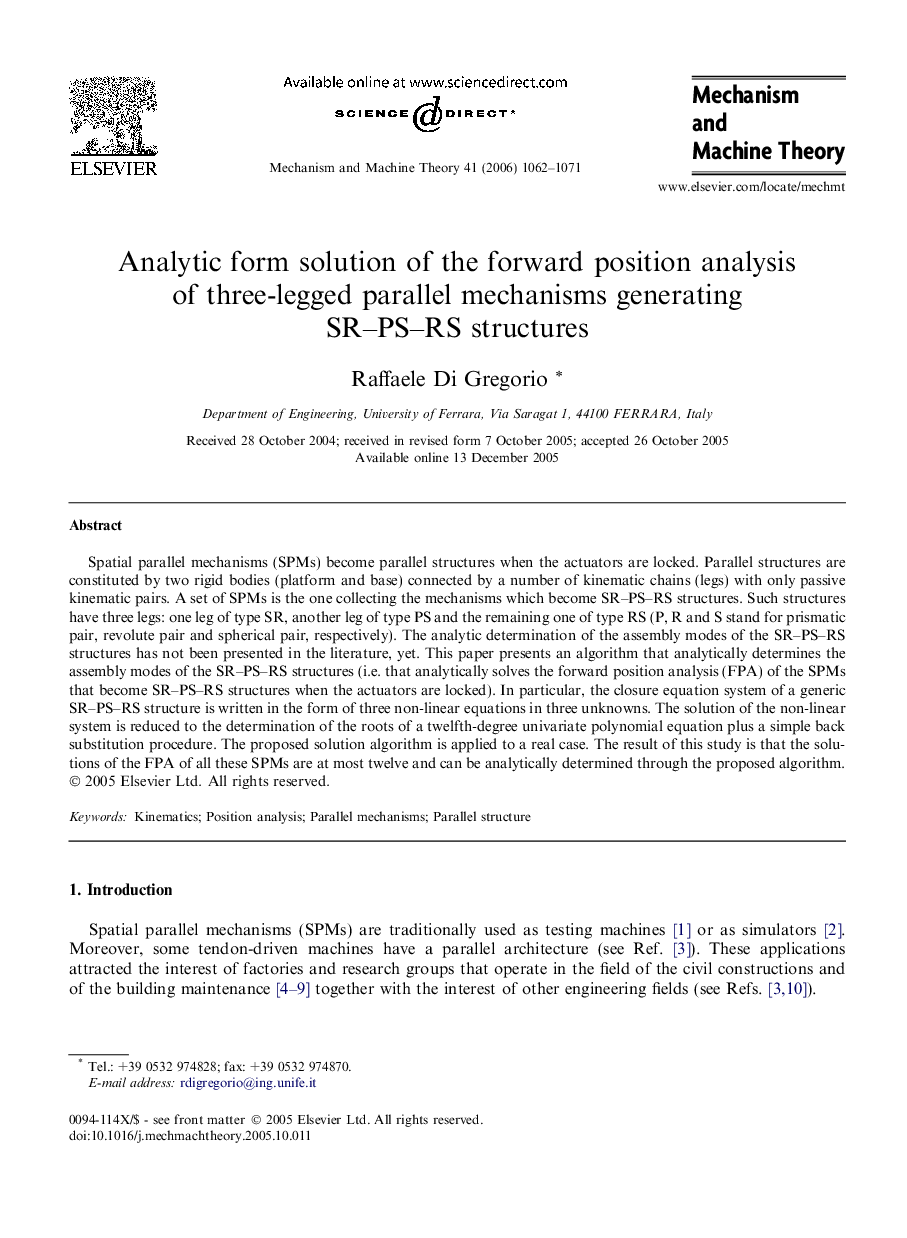 Analytic form solution of the forward position analysis of three-legged parallel mechanisms generating SR–PS–RS structures