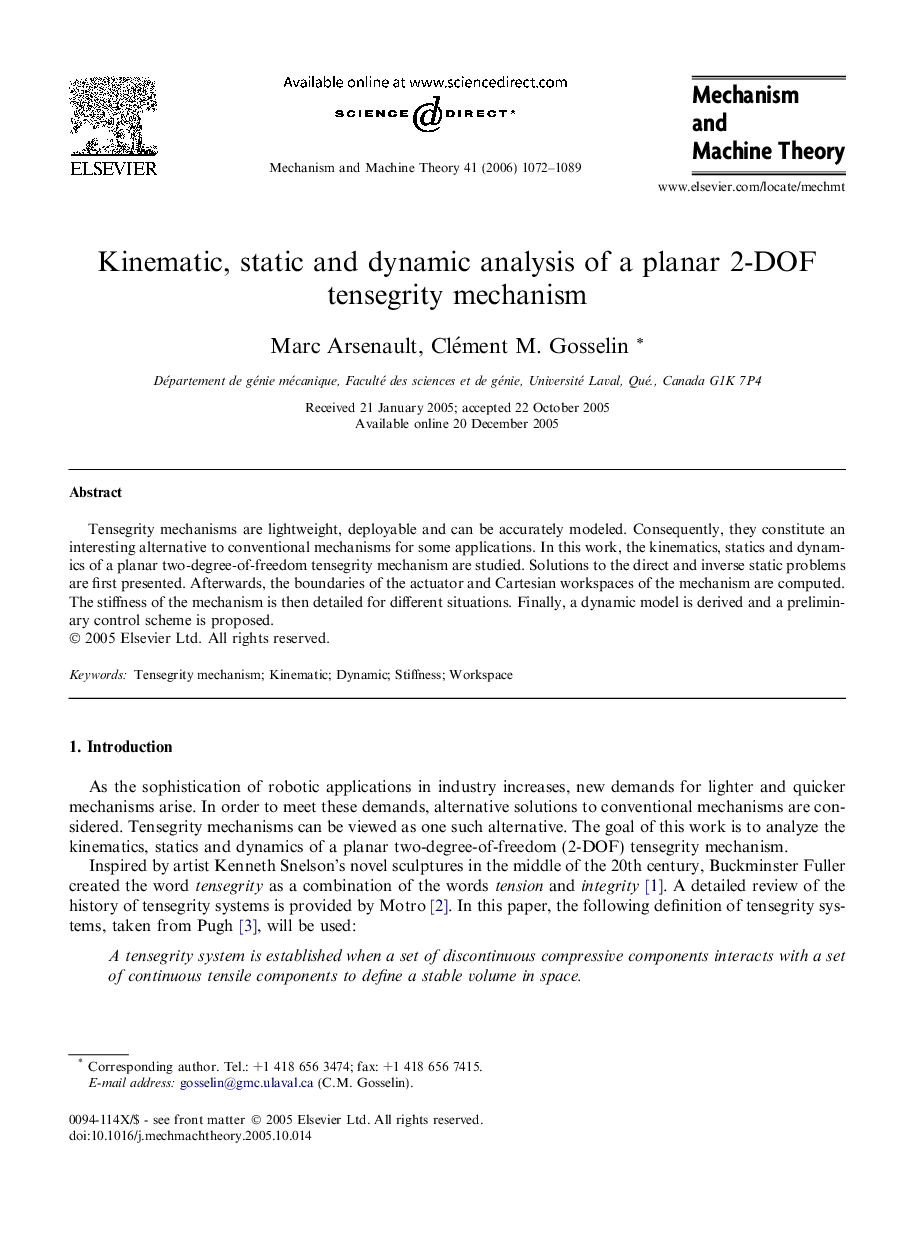 Kinematic, static and dynamic analysis of a planar 2-DOF tensegrity mechanism