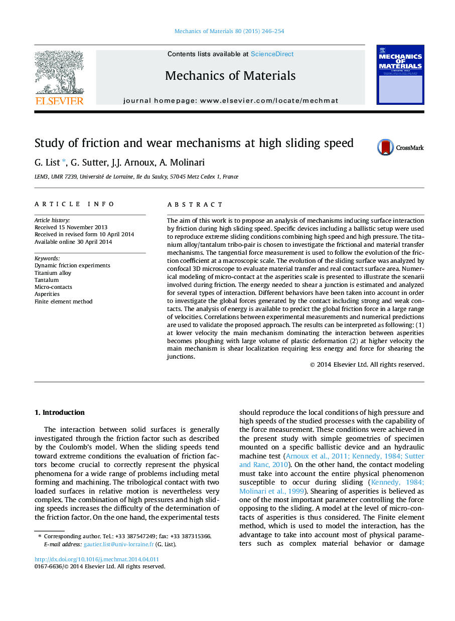 Study of friction and wear mechanisms at high sliding speed