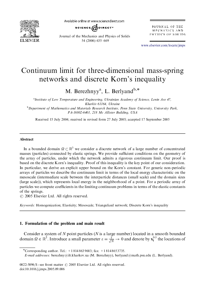 Continuum limit for three-dimensional mass-spring networks and discrete Korn's inequality