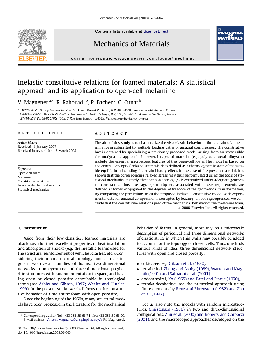 Inelastic constitutive relations for foamed materials: A statistical approach and its application to open-cell melamine