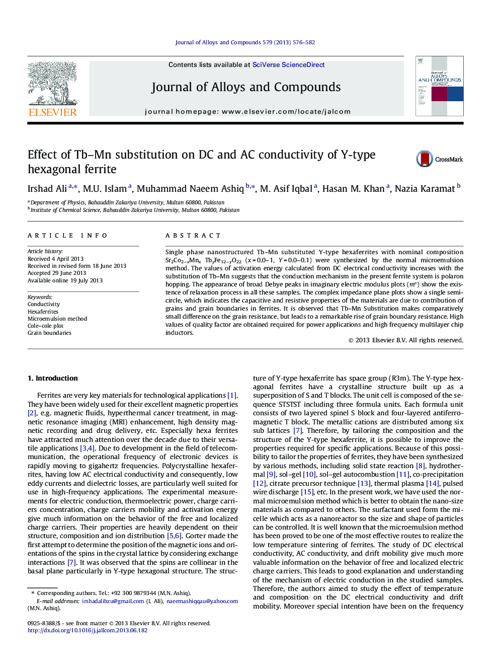 Effect of Tb-Mn substitution on DC and AC conductivity of Y-type hexagonal ferrite