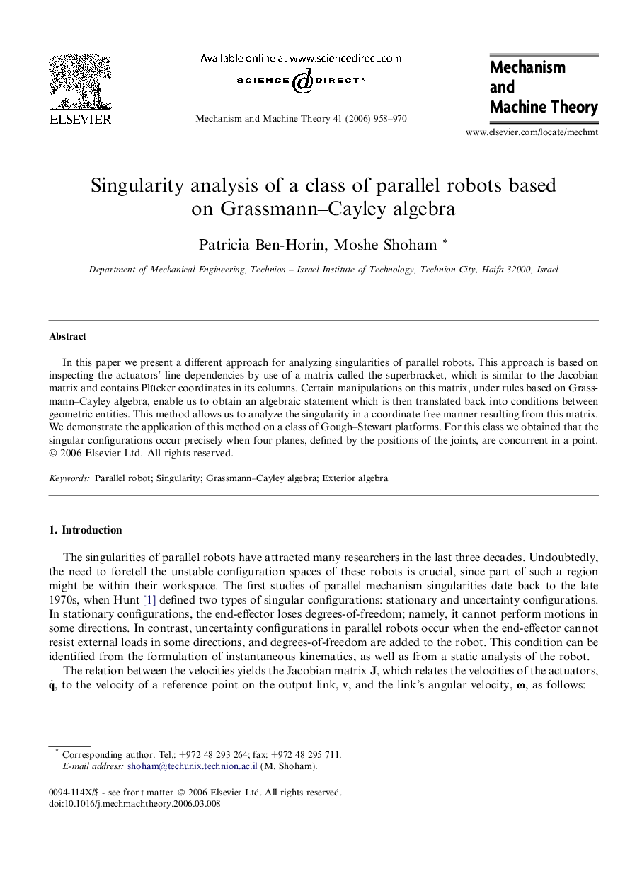 Singularity analysis of a class of parallel robots based on Grassmann–Cayley algebra