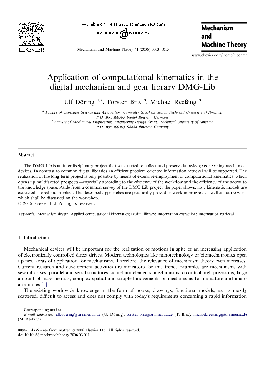 Application of computational kinematics in the digital mechanism and gear library DMG-Lib