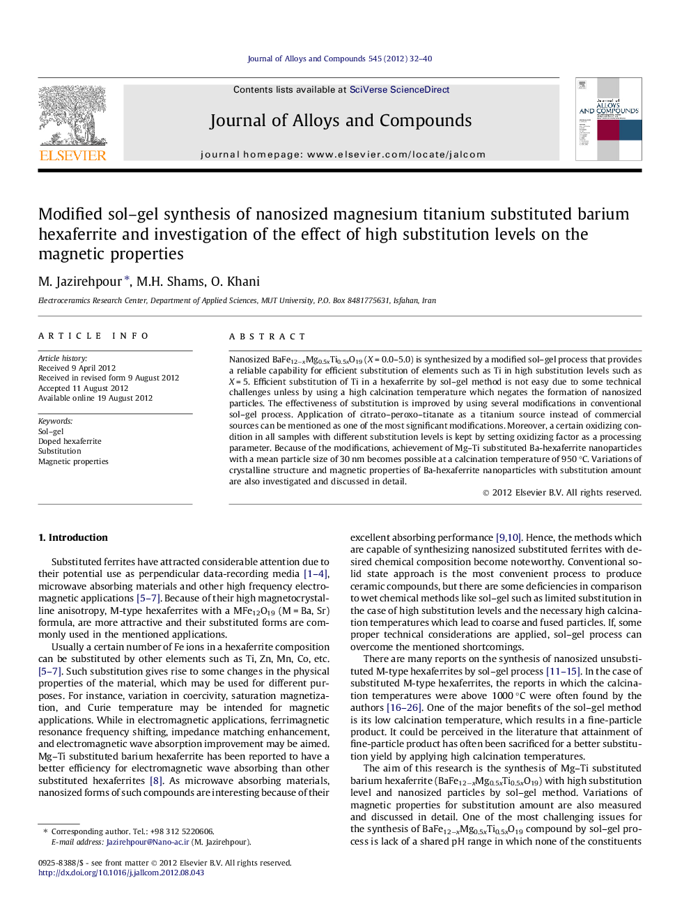 Modified sol-gel synthesis of nanosized magnesium titanium substituted barium hexaferrite and investigation of the effect of high substitution levels on the magnetic properties