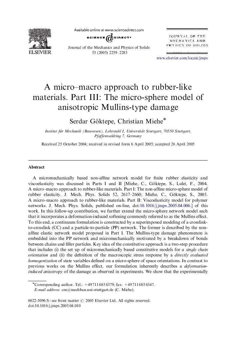 A micro–macro approach to rubber-like materials. Part III: The micro-sphere model of anisotropic Mullins-type damage