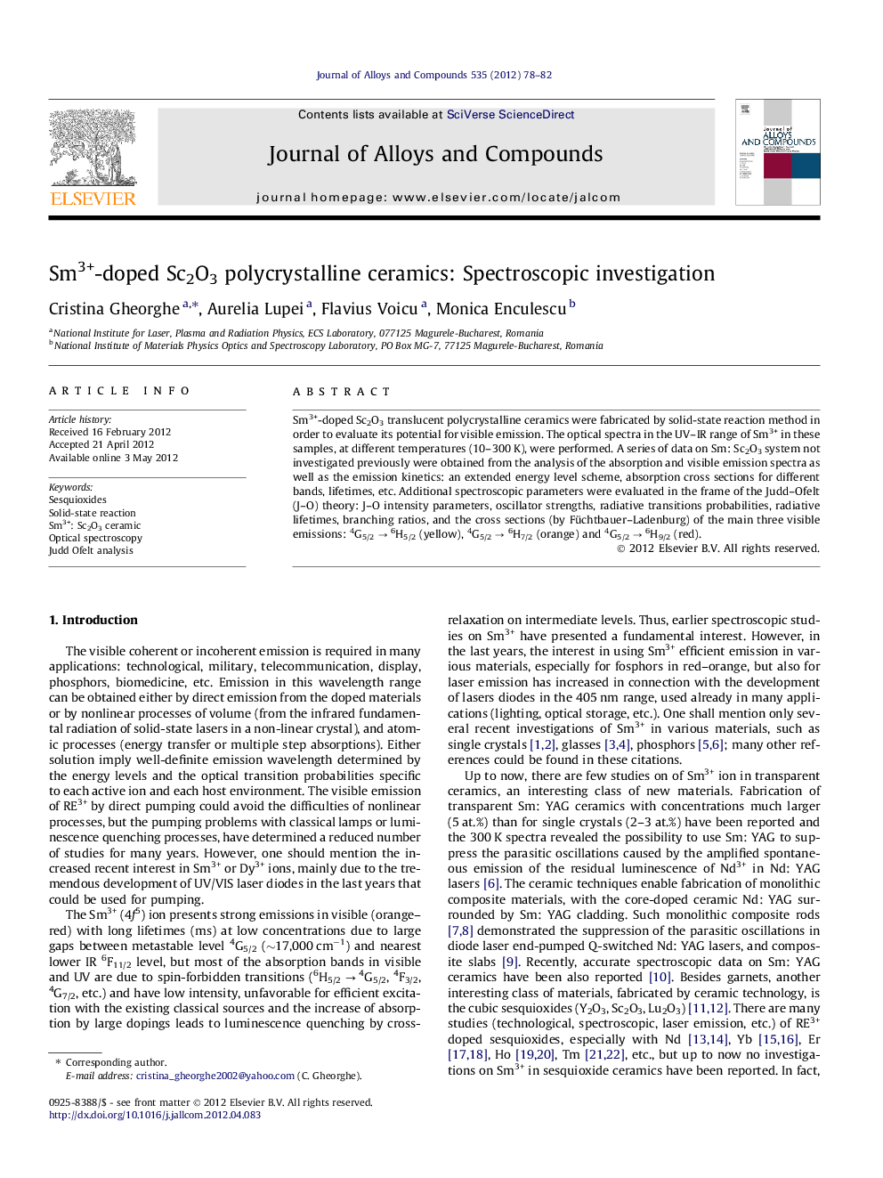 عکس صفحه اول مقاله: Sm3+-doped Sc2O3 polycrystalline ceramics: Spectroscopic investigation Sm3+-doped Sc2O3 polycrystalline ceramics: Spectroscopic investigation