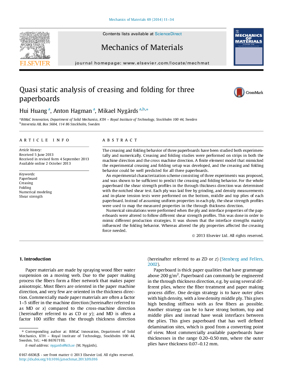 Quasi static analysis of creasing and folding for three paperboards