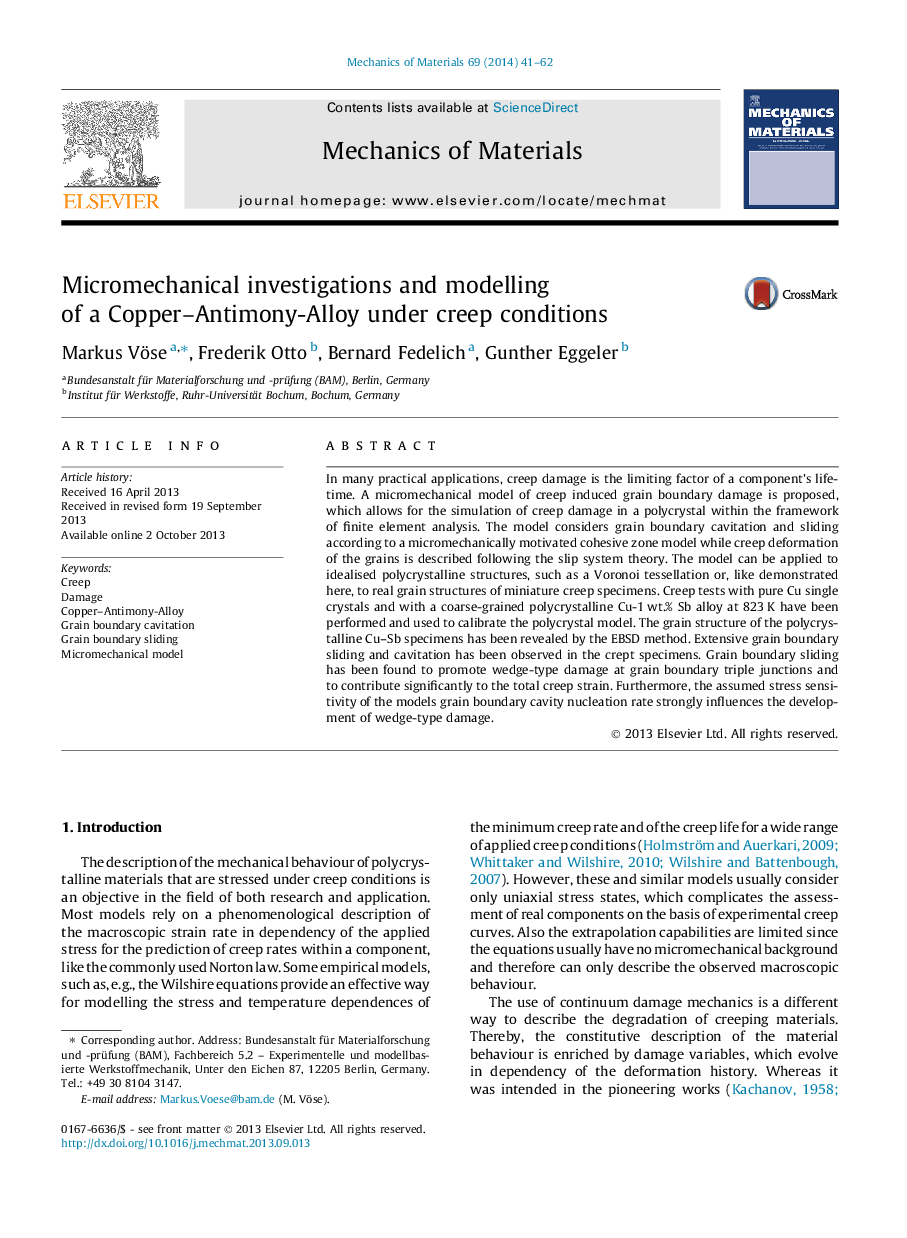 Micromechanical investigations and modelling of a Copper–Antimony-Alloy under creep conditions