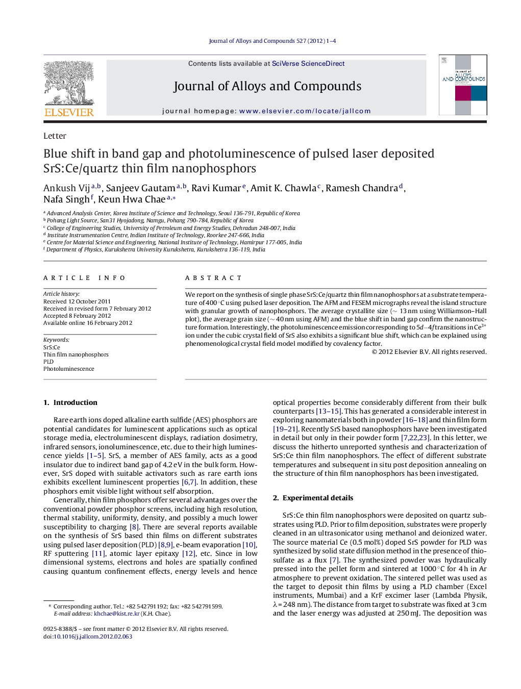 عکس صفحه اول مقاله: Blue shift in band gap and photoluminescence of pulsed laser deposited SrS:Ce/quartz thin film nanophosphors Blue shift in band gap and photoluminescence of pulsed laser deposited SrS:Ce/quartz thin film nanophosphors