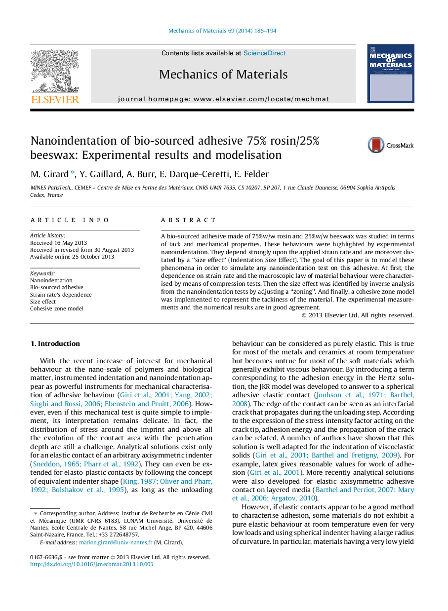 Nanoindentation of bio-sourced adhesive 75% rosin/25% beeswax: Experimental results and modelisation